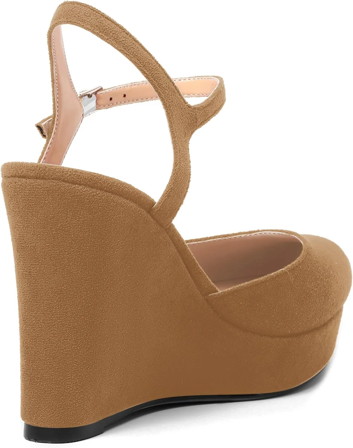 AMBELIGHT Womens Ankle Strap Sandals Night Club Round Toe Fashion Heels Suede Wedge High Heel Pumps Shoes 4 Inch