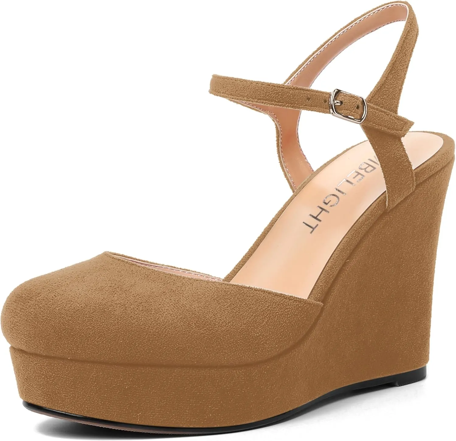 AMBELIGHT Womens Ankle Strap Sandals Night Club Round Toe Fashion Heels Suede Wedge High Heel Pumps Shoes 4 Inch