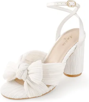 Ankis White Gold Bow Heel Chunky Wedding Shoes for Bride 3.15 Inch High Heel Open Toe Ankle Buckle Strap Dressy Pleated Kont Women Shoe Party Graduation Event Summer
