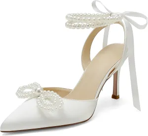 Anna's Bridal Satin White Wedding Shoes for Bride High Heels Closed Toe Bridal Shoes Sandals Prom Party Dress Pumps Sandals Elegant Pointed Toe Bridal Pear Heels for Women