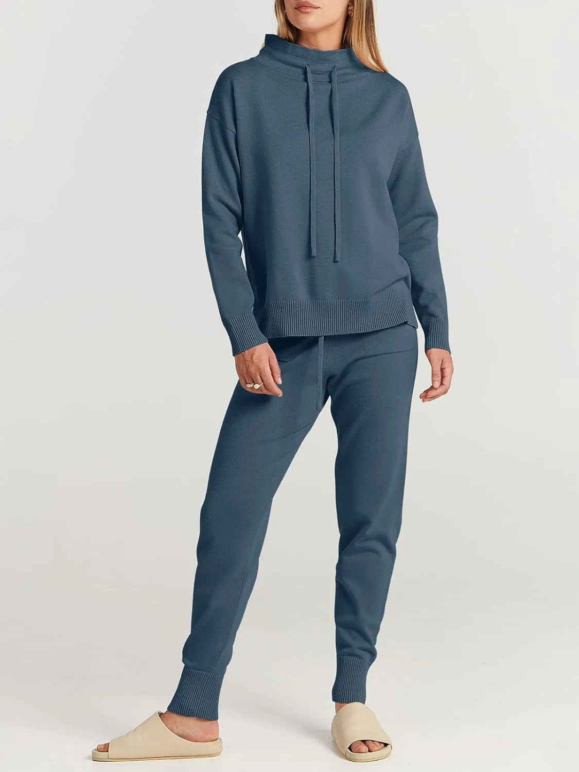 ANRABESS Women Two Piece Outfits Turtleneck Pullover Top Cozy Knit Sweater Pants Lounge Set 2024 Fall Sweatsuit Sweatsuits
