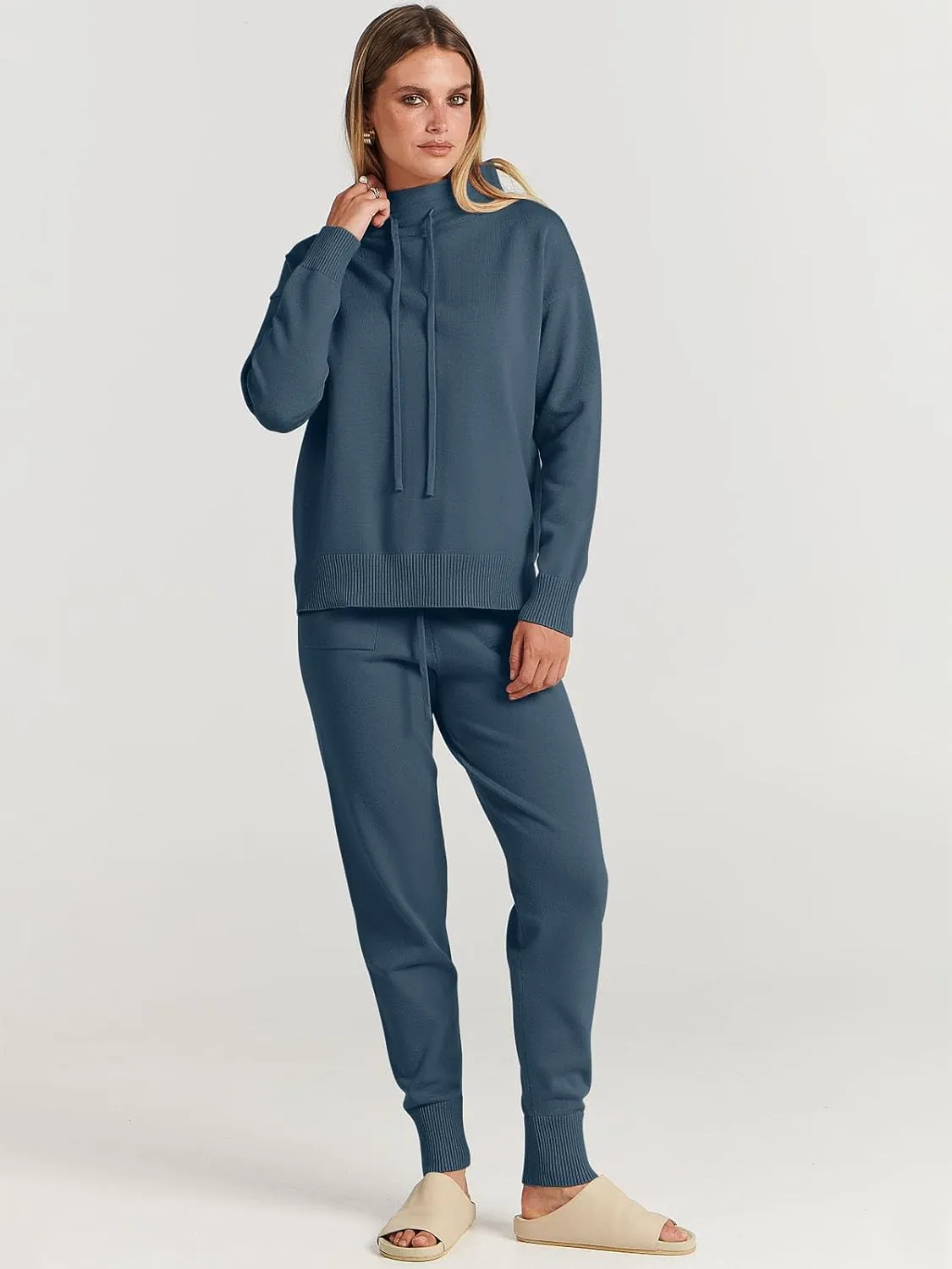 ANRABESS Women Two Piece Outfits Turtleneck Pullover Top Cozy Knit Sweater Pants Lounge Set 2024 Fall Sweatsuit Sweatsuits