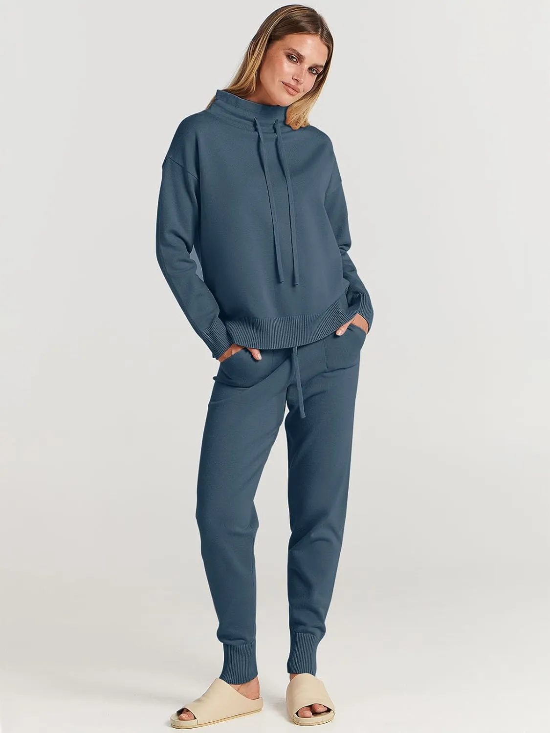 ANRABESS Women Two Piece Outfits Turtleneck Pullover Top Cozy Knit Sweater Pants Lounge Set 2024 Fall Sweatsuit Sweatsuits