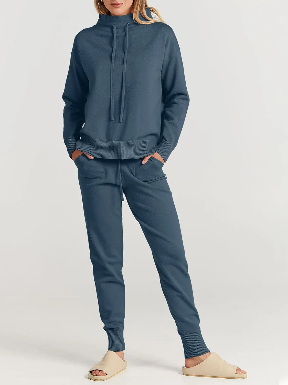 ANRABESS Women Two Piece Outfits Turtleneck Pullover Top Cozy Knit Sweater Pants Lounge Set 2024 Fall Sweatsuit Sweatsuits