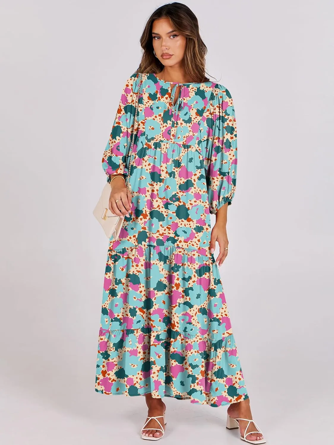 ANRABESS Womens Boho Maxi Dresses 2025 Summer V Neck Puff Sleeve Floral Flowy Swing Casual Long Dress