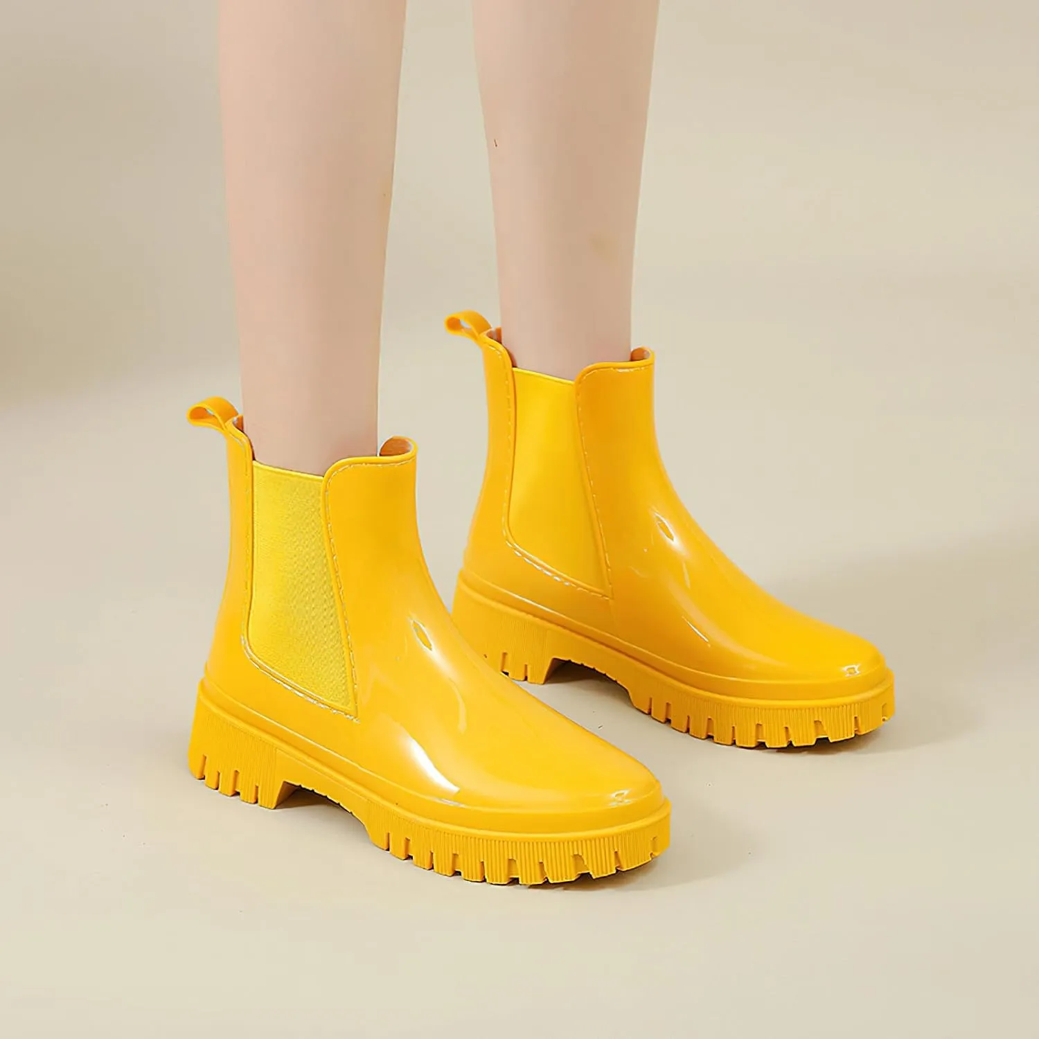 ANUFER Women's Fashion Chelsea Rain Boots Chunky Heel Ankle High Wellington Boots