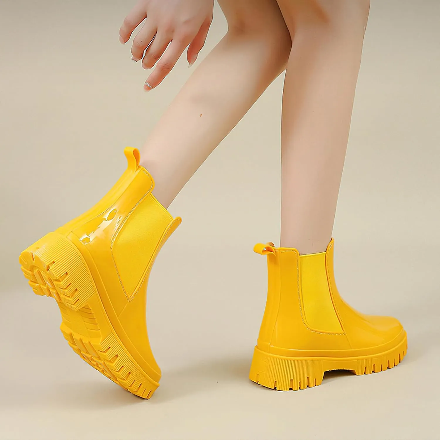 ANUFER Women's Fashion Chelsea Rain Boots Chunky Heel Ankle High Wellington Boots