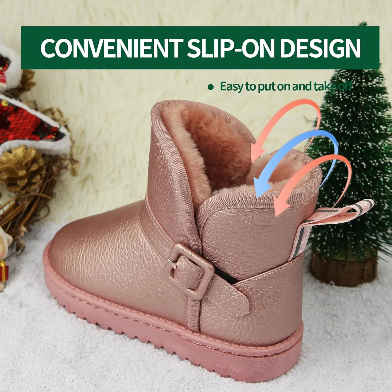 Apawwa Girls and Boys Boots Fur Lined Slip-On Warm Girls Snow Boots Waterproof Kids Winter Boots Stylish Kids Walking Boots（Size 5.5 Toddler to Size 3 Big Kid）