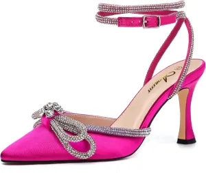 Athlefit Women's Rhinestone Bow Heels Ankle Strap Pointed Toe Stiletto Heeled Sandals Wedding Bridal Dress Pumps Shoes