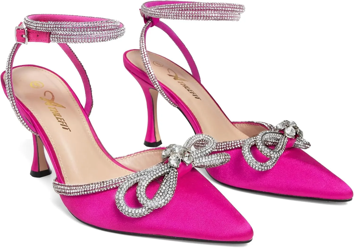 Athlefit Women's Rhinestone Bow Heels Ankle Strap Pointed Toe Stiletto Heeled Sandals Wedding Bridal Dress Pumps Shoes