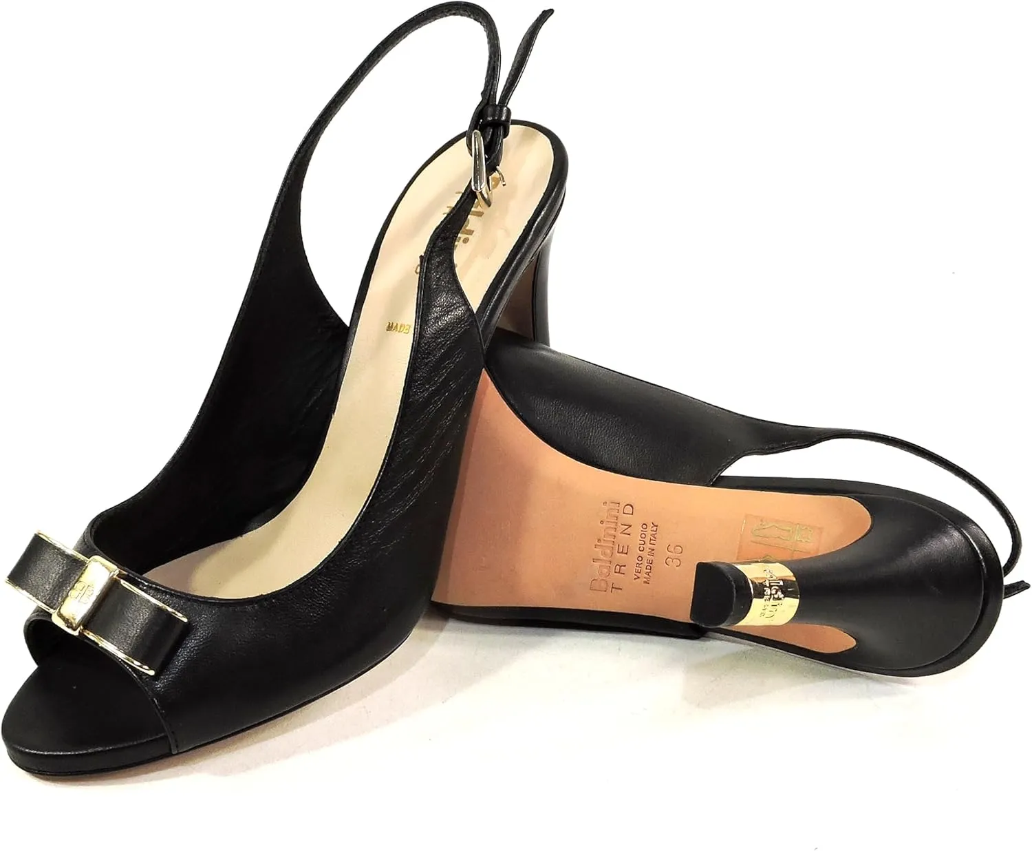 Baldinini Women's Leather Slingback Sandals, Peep Toe Bow Detail, Black with Gold Accents