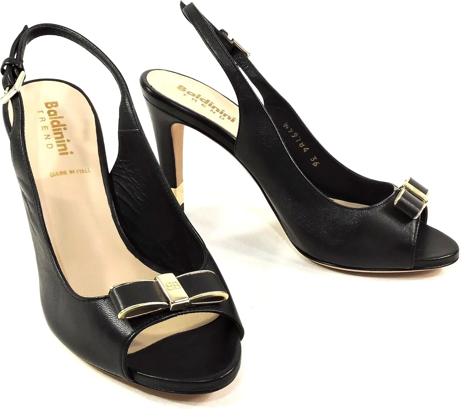 Baldinini Women's Leather Slingback Sandals, Peep Toe Bow Detail, Black with Gold Accents