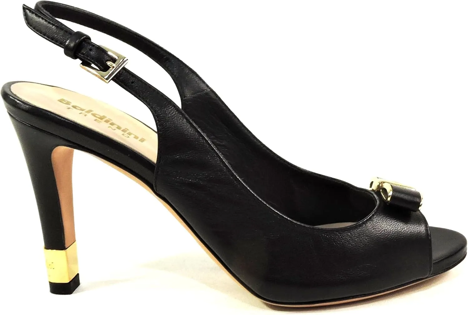 Baldinini Women's Leather Slingback Sandals, Peep Toe Bow Detail, Black with Gold Accents