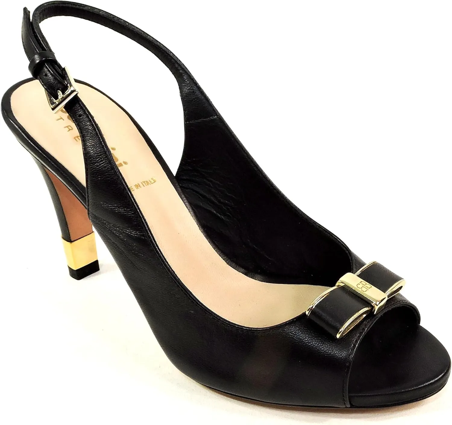 Baldinini Women's Leather Slingback Sandals, Peep Toe Bow Detail, Black with Gold Accents