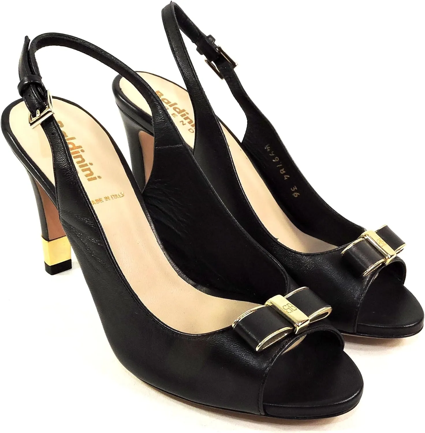 Baldinini Women's Leather Slingback Sandals, Peep Toe Bow Detail, Black with Gold Accents