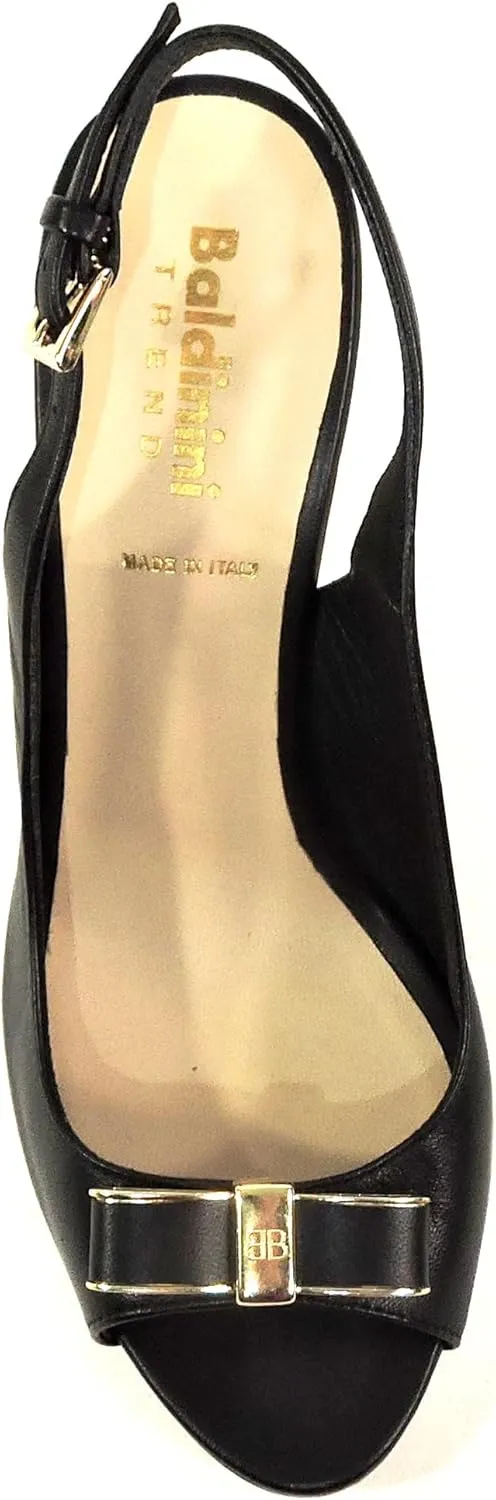 Baldinini Women's Leather Slingback Sandals, Peep Toe Bow Detail, Black with Gold Accents