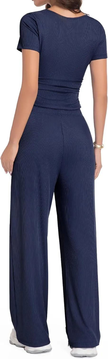 BB&KK Women's Summer 2 Piece Outfits Square Neck Short Sleeve Tops High Waisted Wide Leg Pants Casual Matching Sets