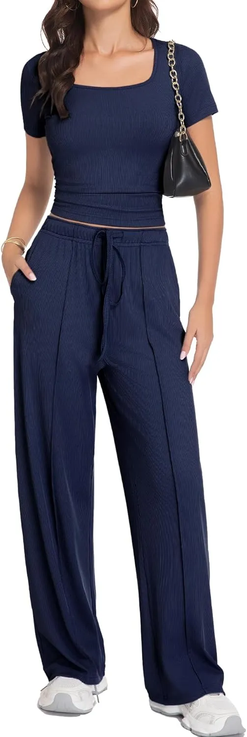 BB&KK Women's Summer 2 Piece Outfits Square Neck Short Sleeve Tops High Waisted Wide Leg Pants Casual Matching Sets
