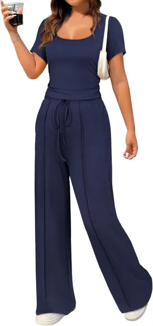 BB&KK Women's Summer 2 Piece Outfits Square Neck Short Sleeve Tops High Waisted Wide Leg Pants Casual Matching Sets