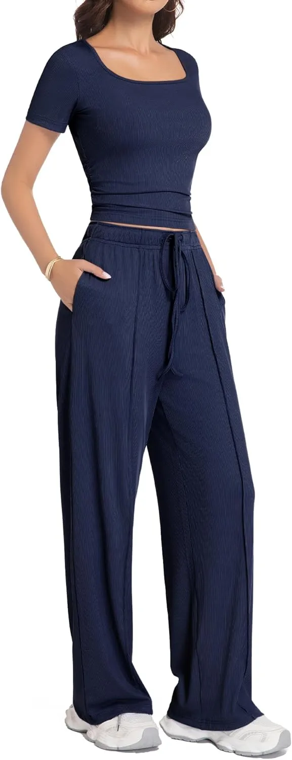 BB&KK Women's Summer 2 Piece Outfits Square Neck Short Sleeve Tops High Waisted Wide Leg Pants Casual Matching Sets