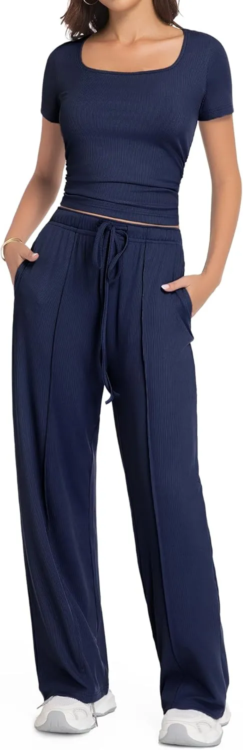 BB&KK Women's Summer 2 Piece Outfits Square Neck Short Sleeve Tops High Waisted Wide Leg Pants Casual Matching Sets