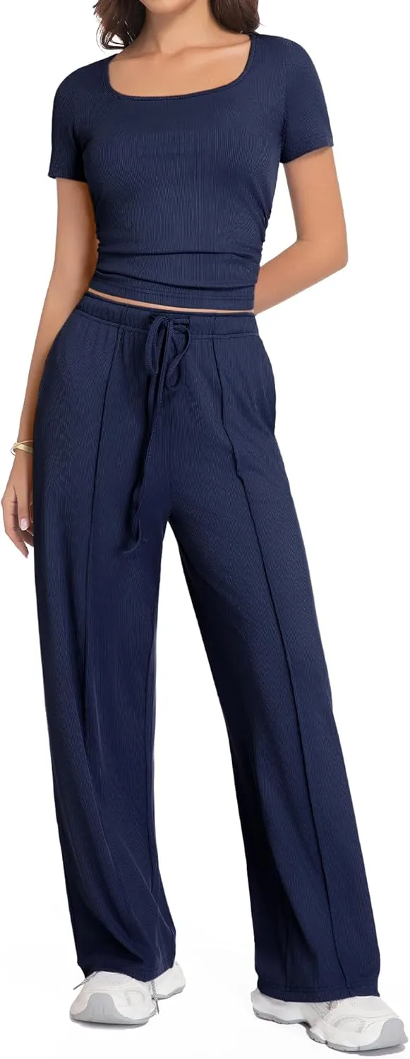 BB&KK Women's Summer 2 Piece Outfits Square Neck Short Sleeve Tops High Waisted Wide Leg Pants Casual Matching Sets