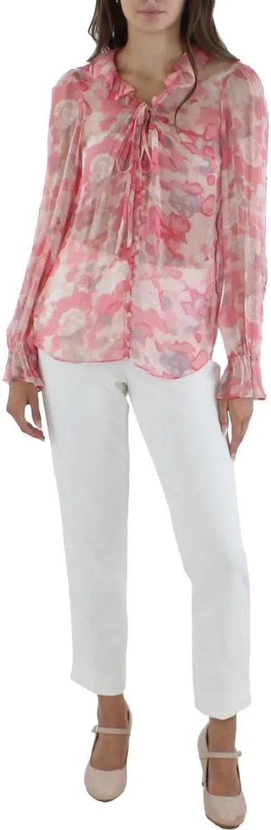 BCBGMAXAZRIA Women's Relaxed Long Sleeve Button Down Tie Blouse