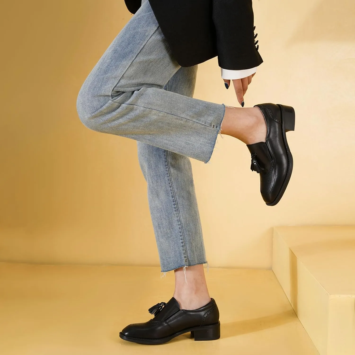 BEAU TODAY Women Loafers, Leather Tassel Loafers Women, Low Heel Flat Loafer, Slip On Square Toe Loafer, Comfortable Business Casual Dressy Brogues Shoes