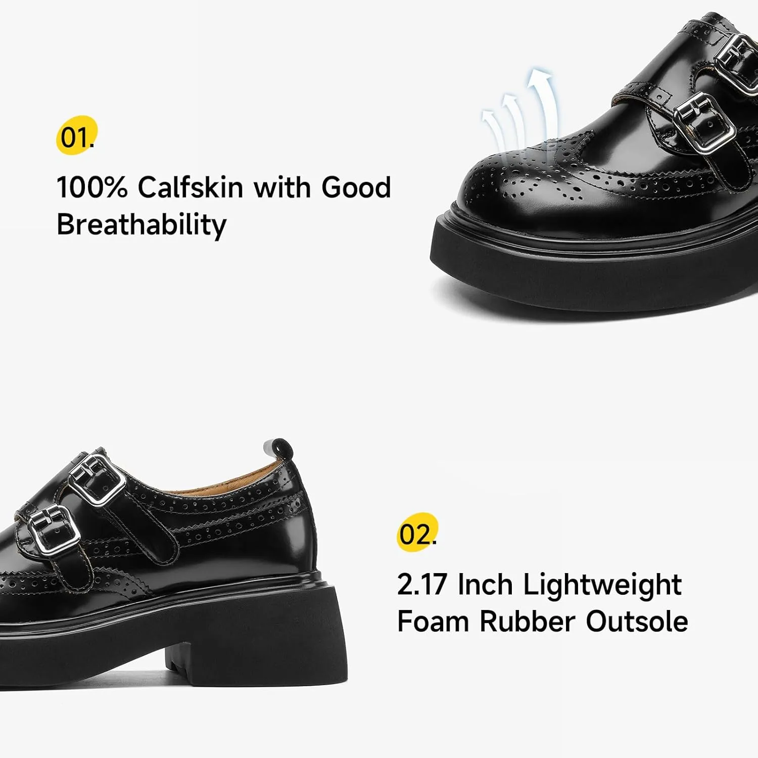 BEAU TODAY Womens Leather Loafers, Monk Strap Womens Loafers, Business Casual Office Shoes, Brogue Wingtip Slip-on Dress Shoes