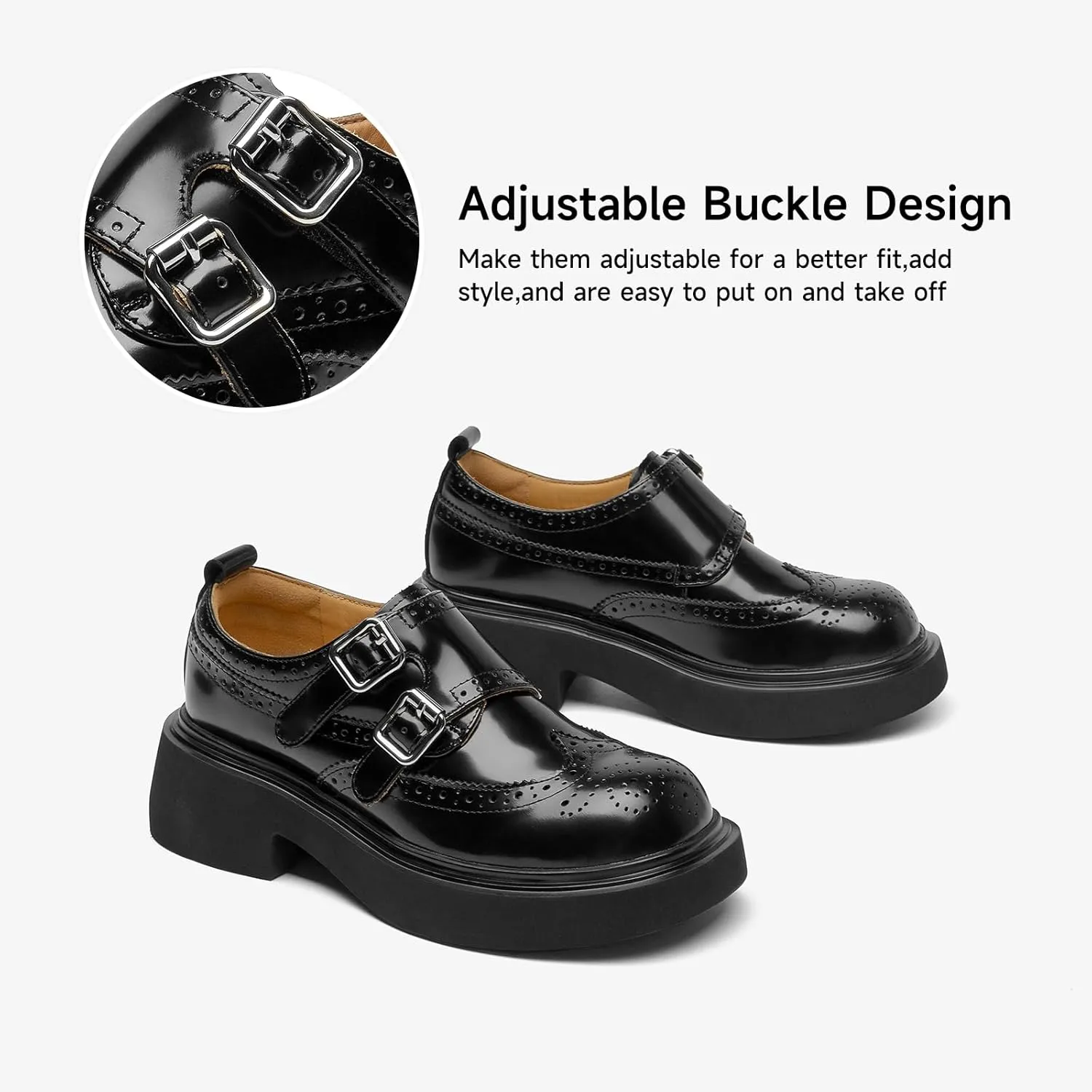 BEAU TODAY Womens Leather Loafers, Monk Strap Womens Loafers, Business Casual Office Shoes, Brogue Wingtip Slip-on Dress Shoes