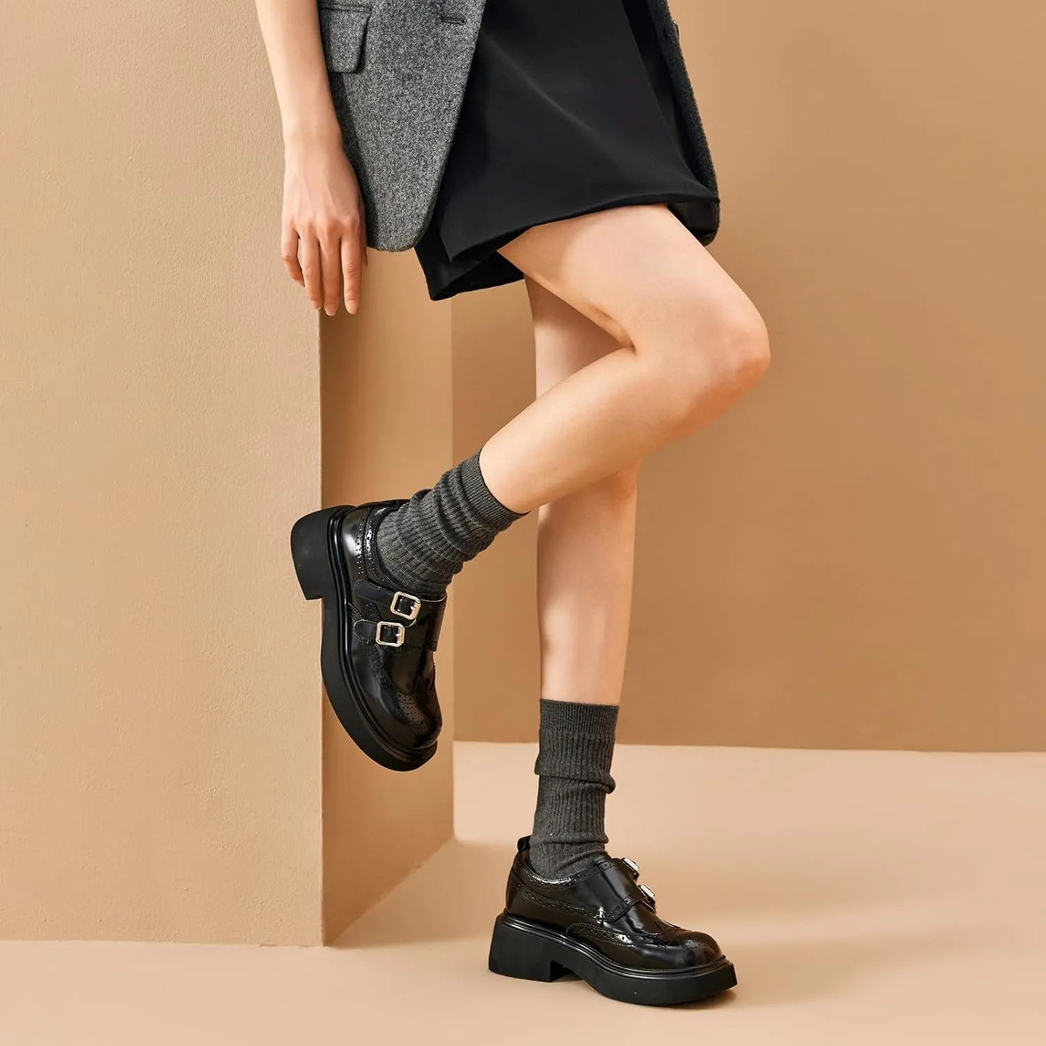 BEAU TODAY Womens Leather Loafers, Monk Strap Womens Loafers, Business Casual Office Shoes, Brogue Wingtip Slip-on Dress Shoes