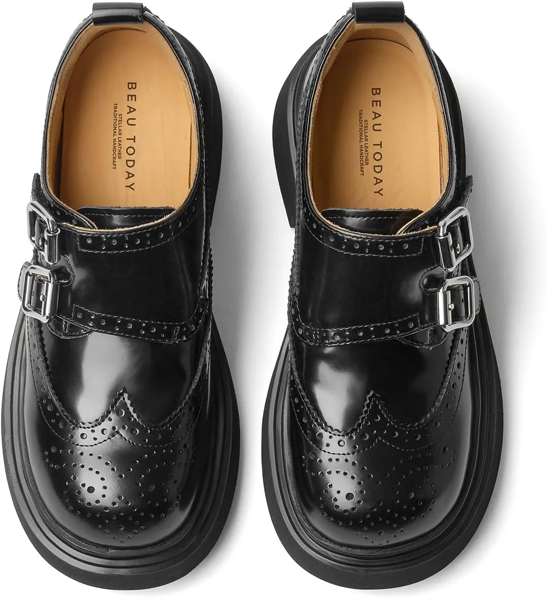 BEAU TODAY Womens Leather Loafers, Monk Strap Womens Loafers, Business Casual Office Shoes, Brogue Wingtip Slip-on Dress Shoes