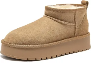 BEAU TODAY Womens Platform Ankle Boots Genuine Sheepskin Mini Boots for Women Comfortable Anti-Slip Snow Boots Pull-on Walking Winter Boots Outdoors