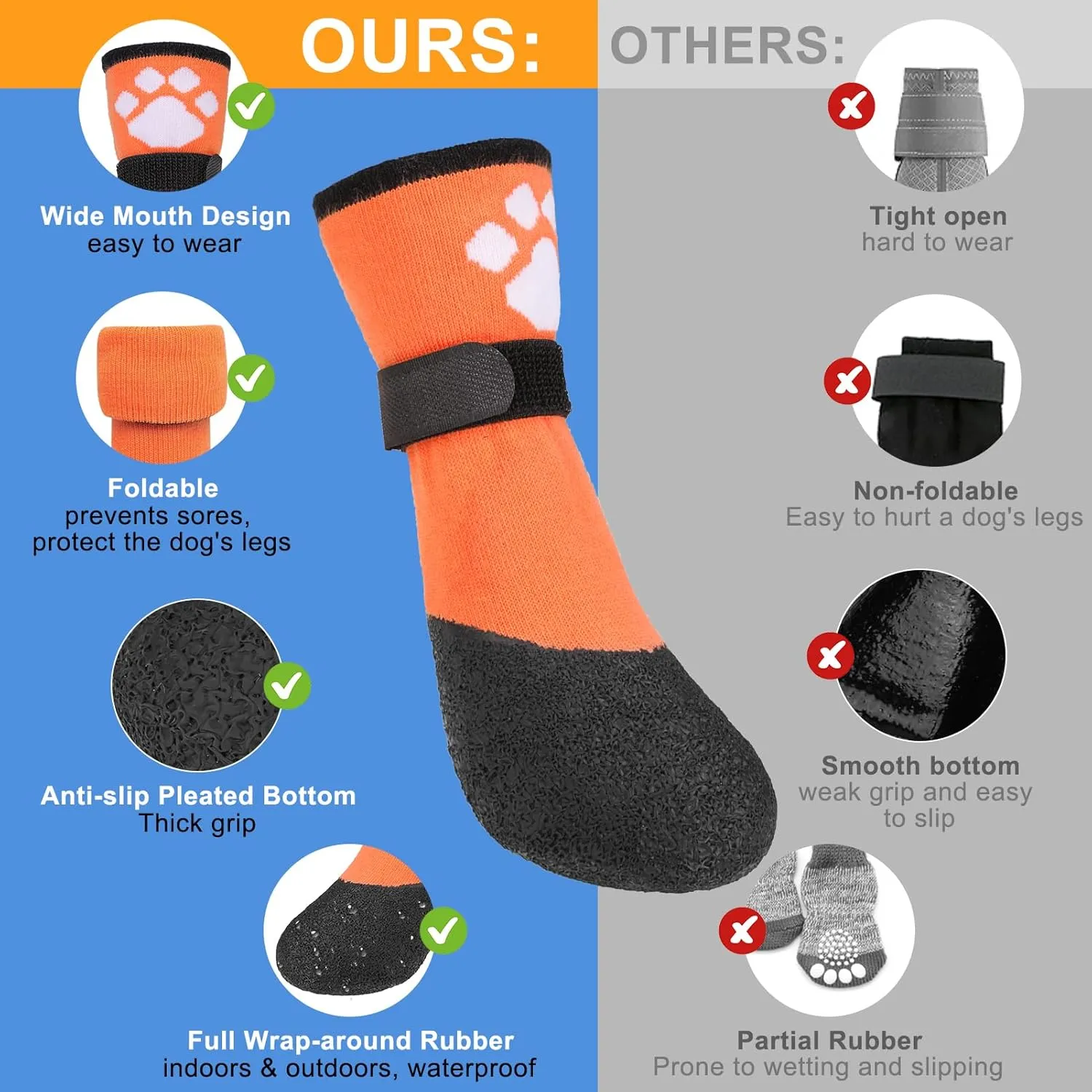 BEAUTYZOO Dog Boots for Small Dogs, Dog Boots & Paw Protectors for Winter Snowy Day Summer Hot Pavement, Waterproof Dog Booties for Hardwood Floors, 6 PCS Grip Socks Shoes for Dogs, Orange SM
