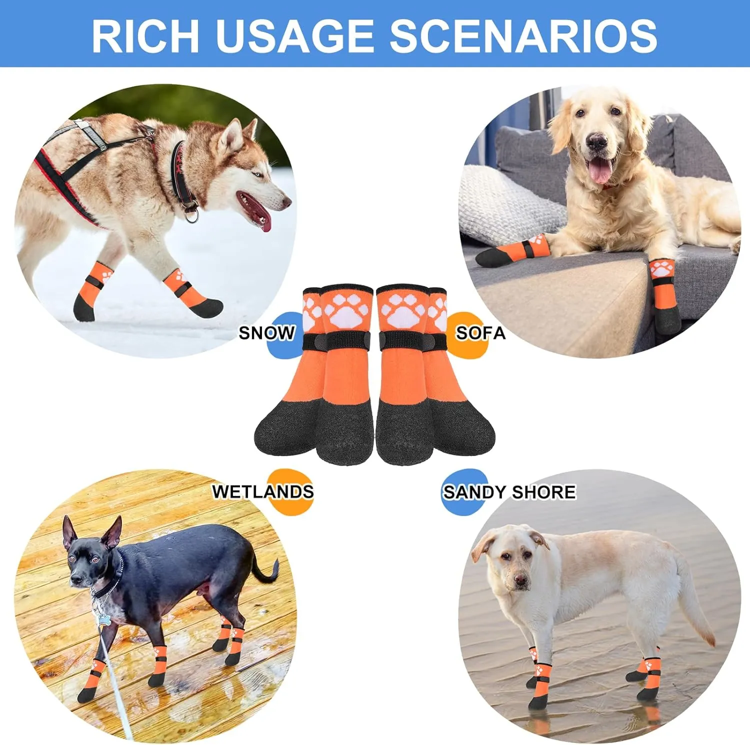 BEAUTYZOO Dog Boots for Small Dogs, Dog Boots & Paw Protectors for Winter Snowy Day Summer Hot Pavement, Waterproof Dog Booties for Hardwood Floors, 6 PCS Grip Socks Shoes for Dogs, Orange SM