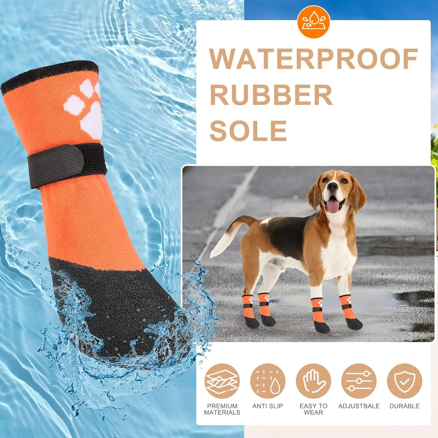 BEAUTYZOO Dog Boots for Small Dogs, Dog Boots & Paw Protectors for Winter Snowy Day Summer Hot Pavement, Waterproof Dog Booties for Hardwood Floors, 6 PCS Grip Socks Shoes for Dogs, Orange SM