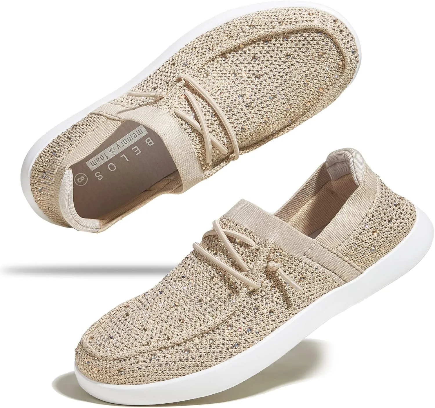 BELOS Women's Rhinestone Lace Up Loafers Shoes Comfortable Slip On Mesh Knit Walking Shoes Fashion Lightweight Sparkly Glitter Sneaker