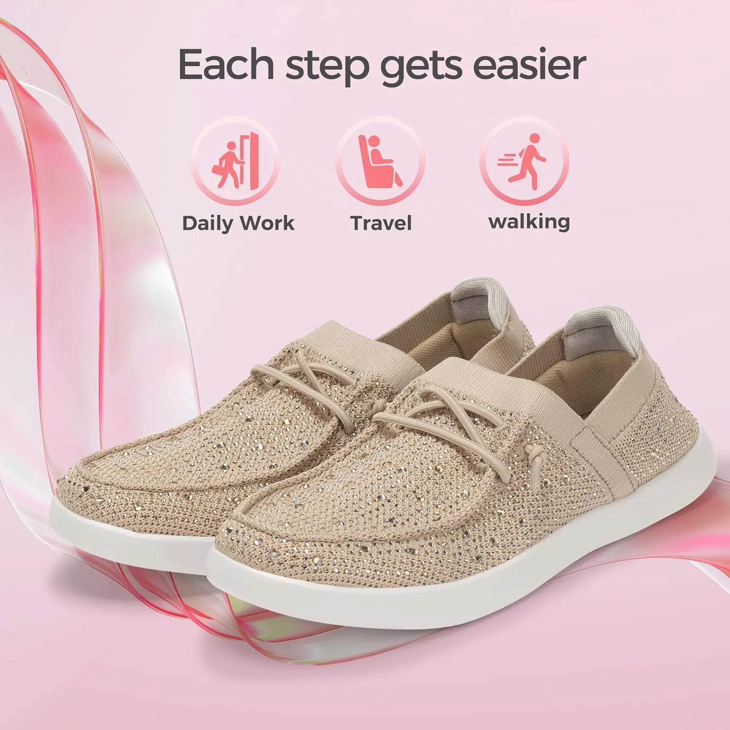 BELOS Women's Rhinestone Lace Up Loafers Shoes Comfortable Slip On Mesh Knit Walking Shoes Fashion Lightweight Sparkly Glitter Sneaker