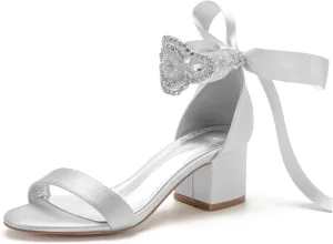 Block Heels Bride Wedding Pumps Bowknot Strap Bride Pumps Bridal Shoes Beaded Ankle Satin Sandals Open Toe Dress Evening Comfortable,Silver,8.5