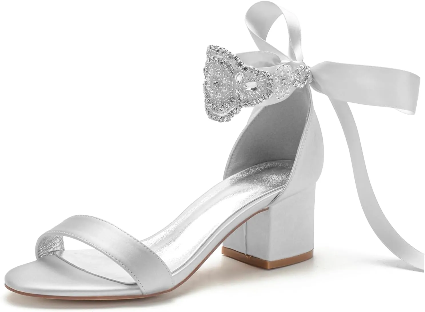 Block Heels Bride Wedding Pumps Bowknot Strap Bride Pumps Bridal Shoes Beaded Ankle Satin Sandals Open Toe Dress Evening Comfortable,Silver,8.5