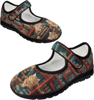 Book Love Print Mary Jane Shoes Women Wide Width,Lightweight Memory Foam Walking Flat Shoes Breathable Ballet Flat Shoes