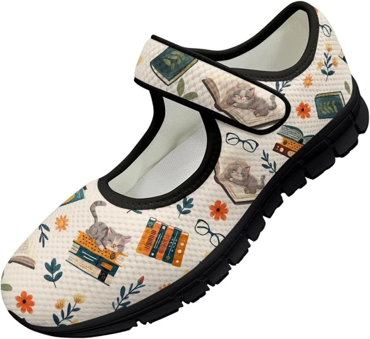Book Love Print Mary Jane Shoes Women Wide Width,Lightweight Memory Foam Walking Flat Shoes Breathable Ballet Flat Shoes