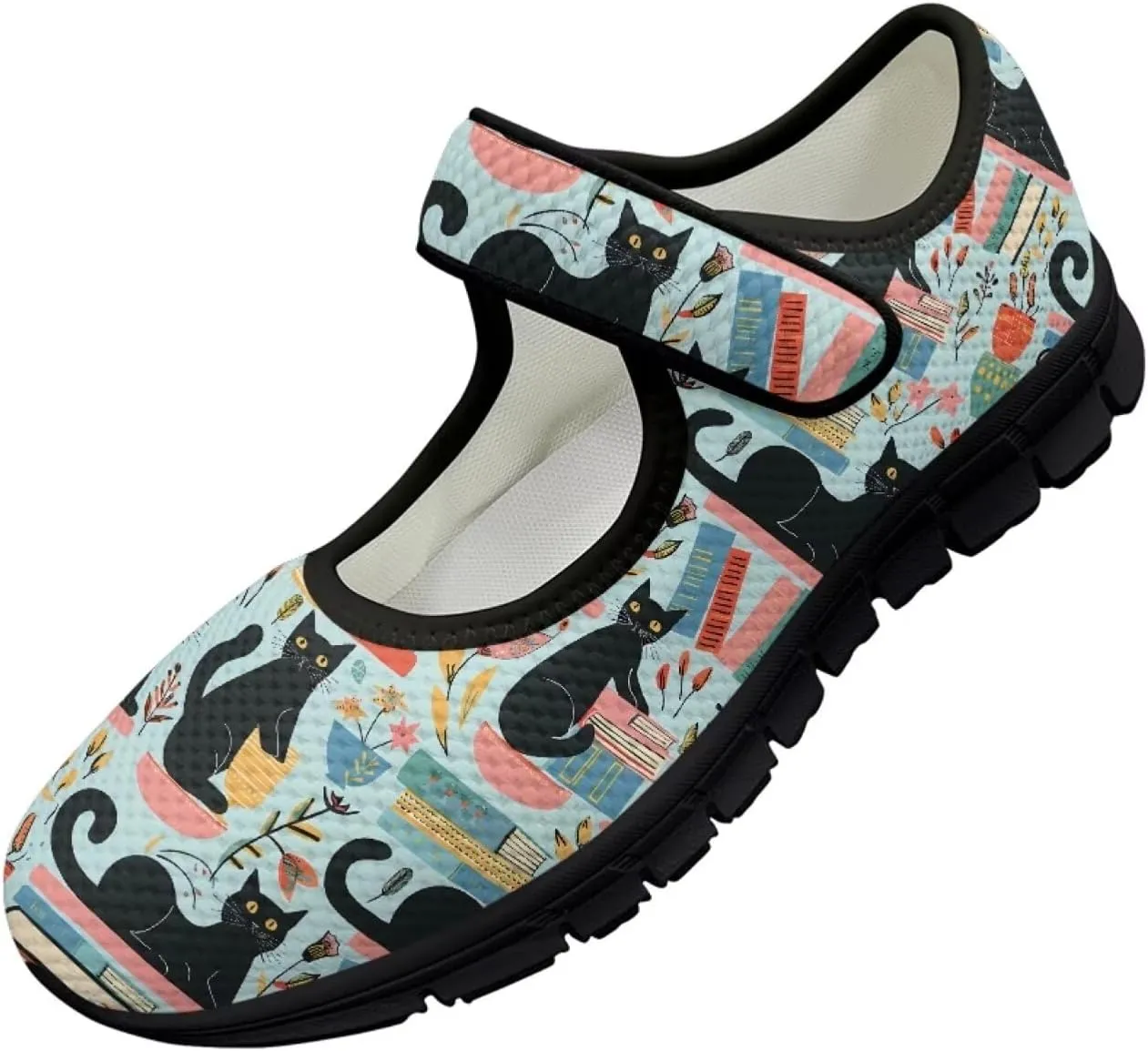 Book Love Print Mary Jane Shoes Women Wide Width,Lightweight Memory Foam Walking Flat Shoes Breathable Ballet Flat Shoes