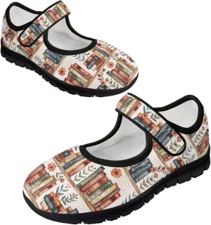 Book Love Print Mary Jane Shoes Women Wide Width,Lightweight Memory Foam Walking Flat Shoes Breathable Ballet Flat Shoes