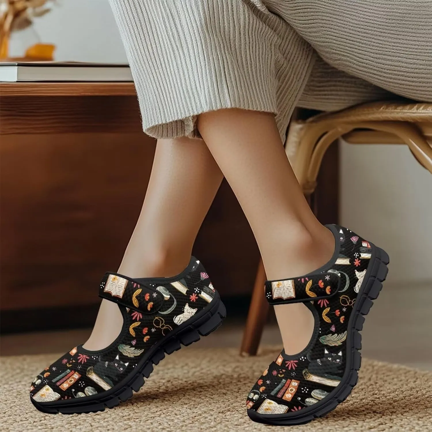 Book Love Print Mary Jane Shoes Women Wide Width,Lightweight Memory Foam Walking Flat Shoes Breathable Ballet Flat Shoes