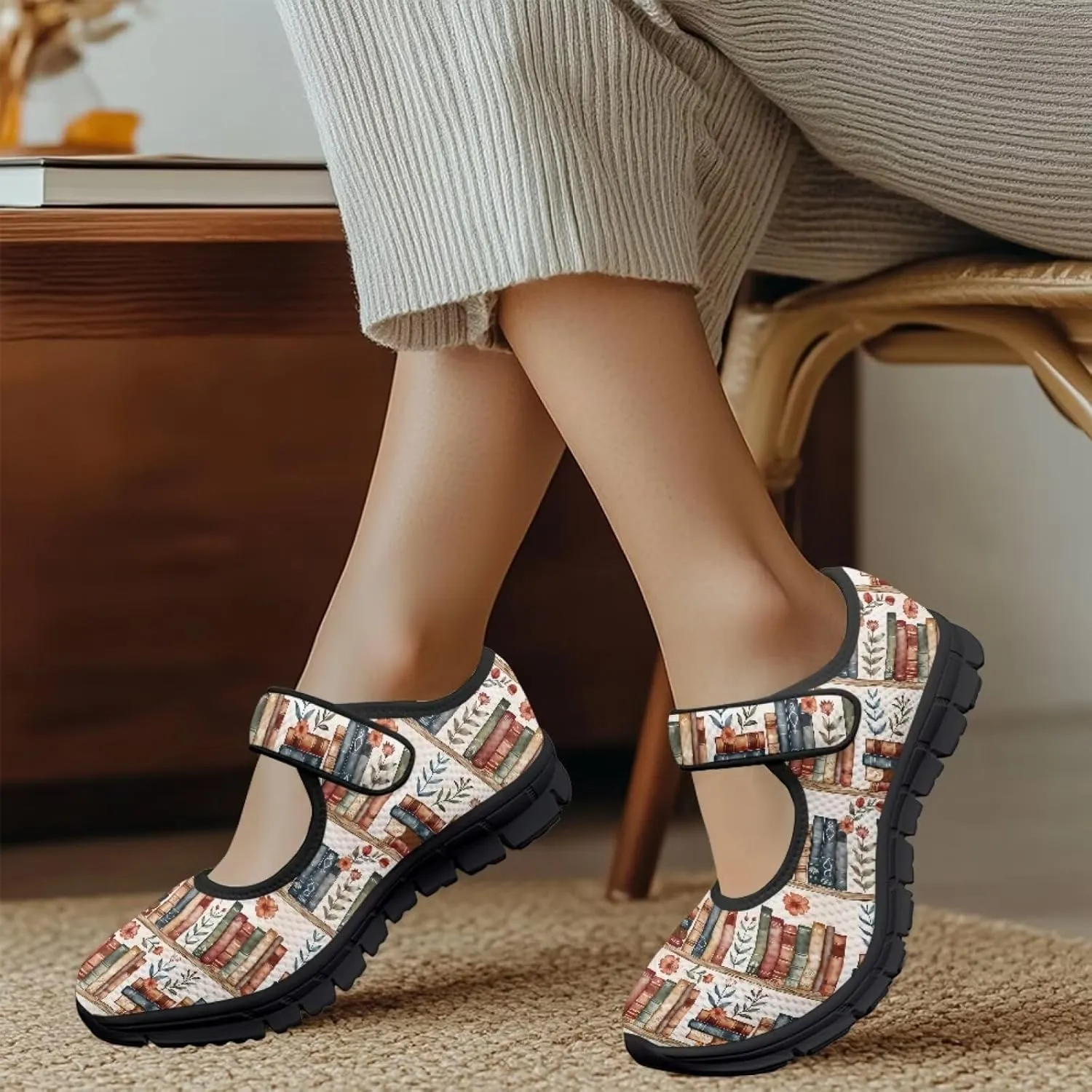 Book Love Print Mary Jane Shoes Women Wide Width,Lightweight Memory Foam Walking Flat Shoes Breathable Ballet Flat Shoes