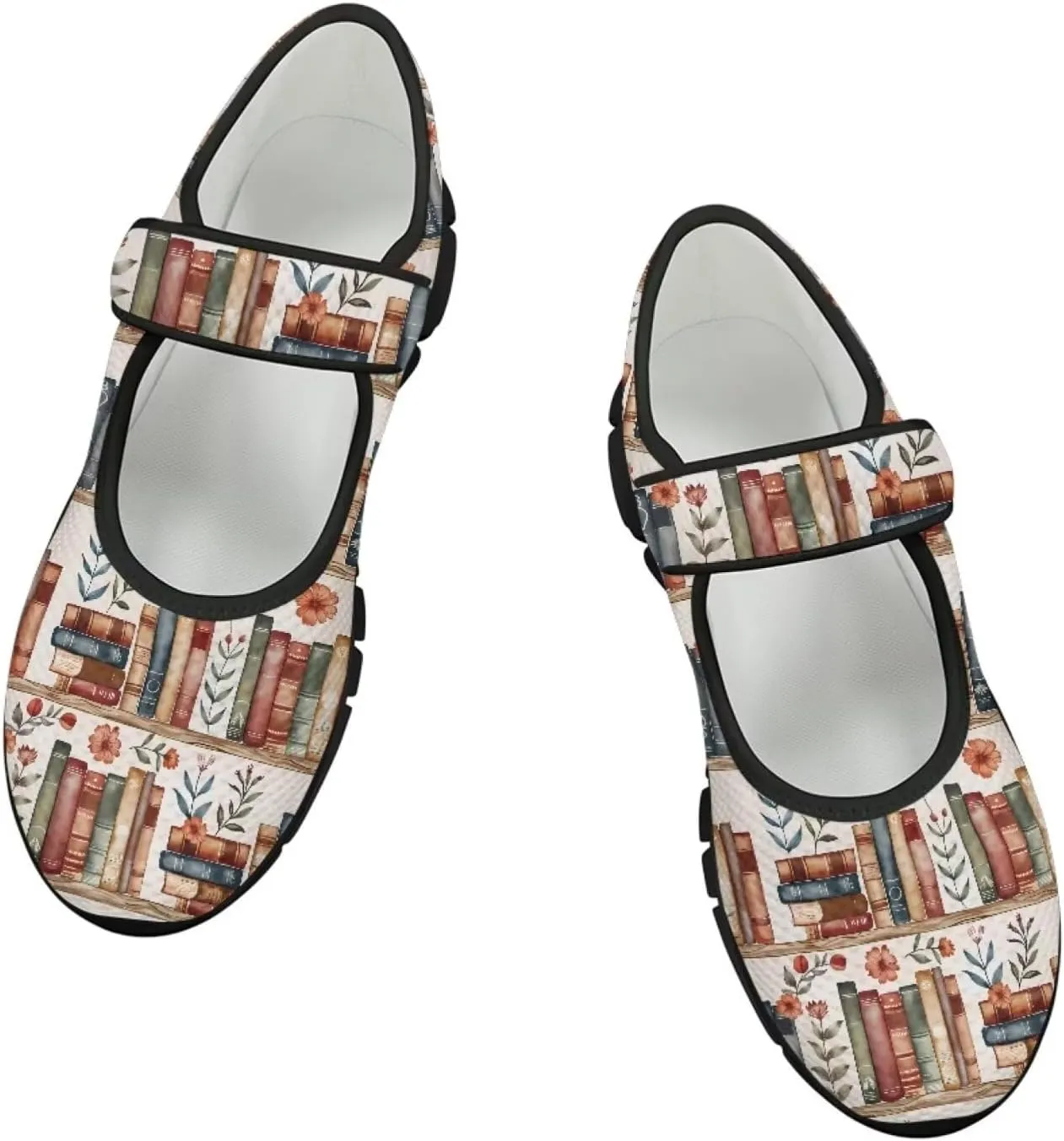 Book Love Print Mary Jane Shoes Women Wide Width,Lightweight Memory Foam Walking Flat Shoes Breathable Ballet Flat Shoes