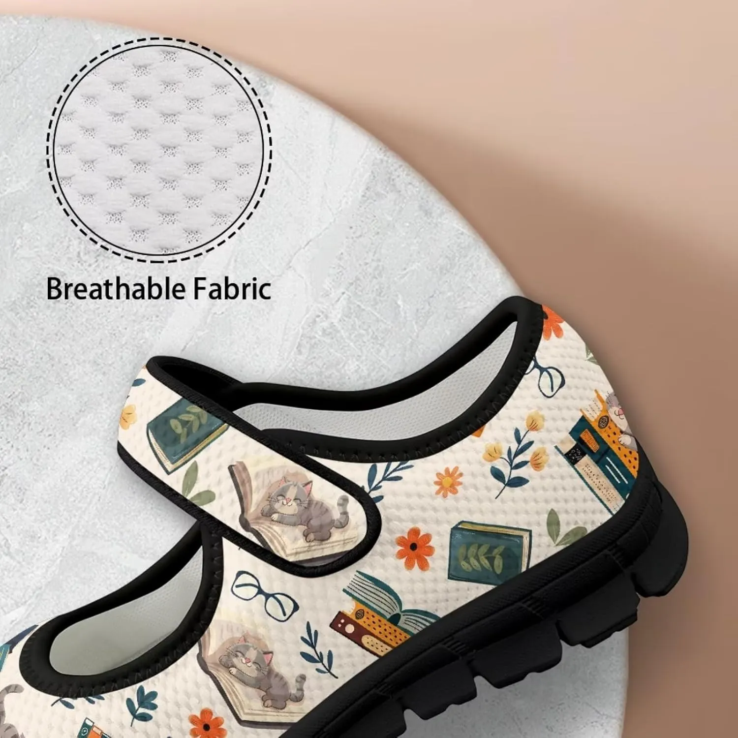 Book Love Print Mary Jane Shoes Women Wide Width,Lightweight Memory Foam Walking Flat Shoes Breathable Ballet Flat Shoes