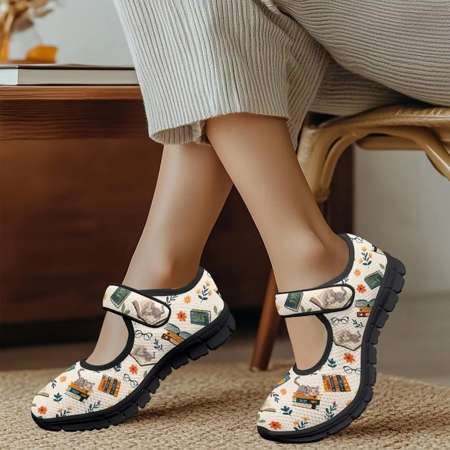 Book Love Print Mary Jane Shoes Women Wide Width,Lightweight Memory Foam Walking Flat Shoes Breathable Ballet Flat Shoes