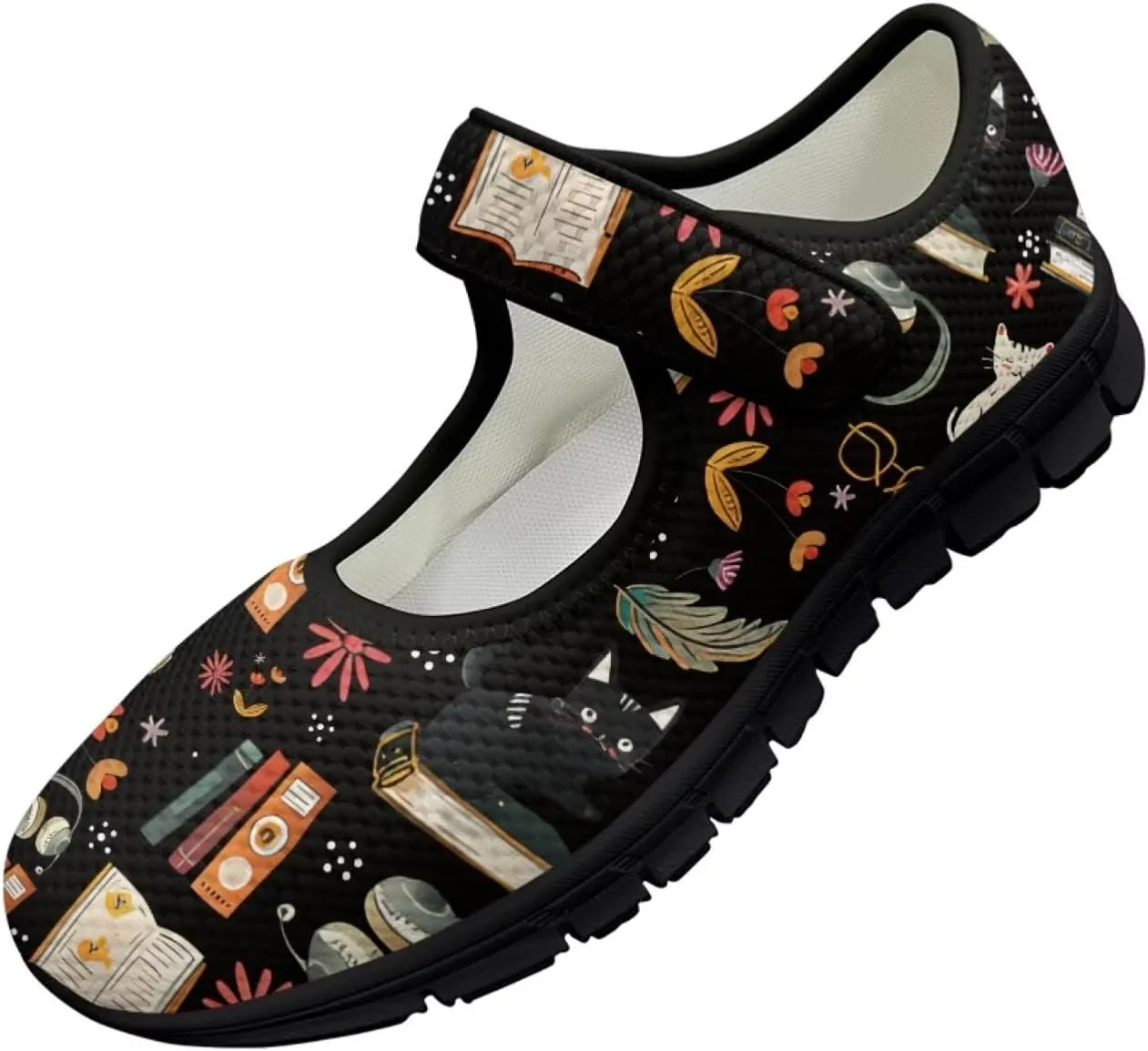 Book Love Print Mary Jane Shoes Women Wide Width,Lightweight Memory Foam Walking Flat Shoes Breathable Ballet Flat Shoes